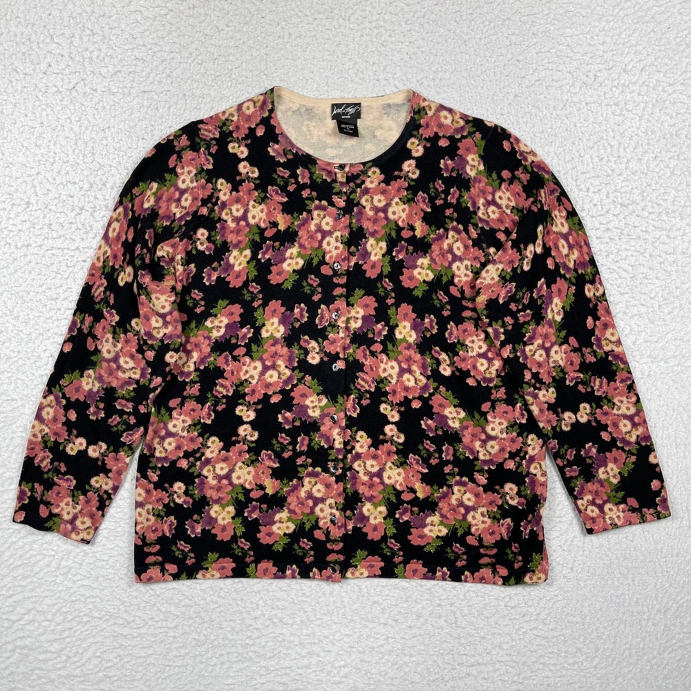 Lord & Taylor Cardigan Womens 1X Black Floral Cotton Crew Neck Cottagecore Knit